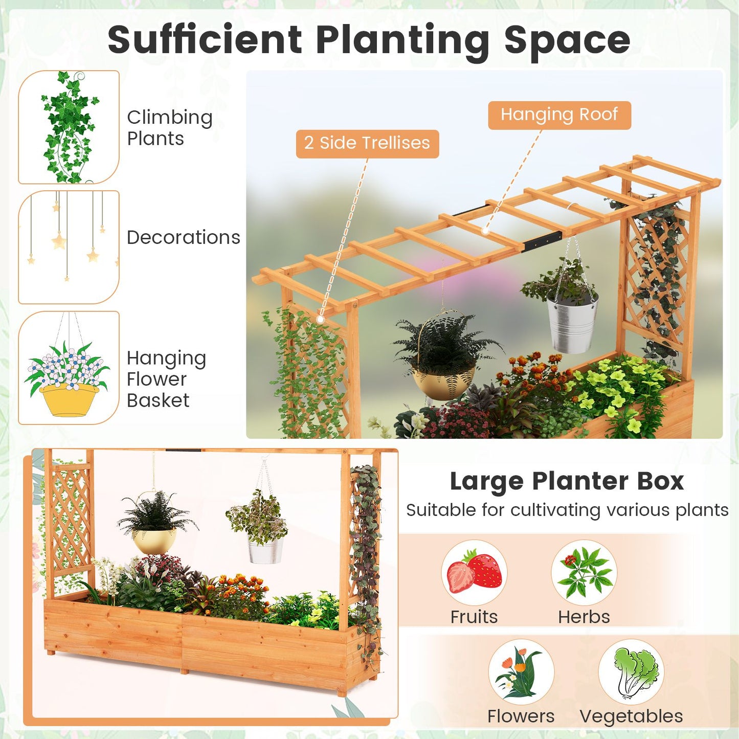 Elevated Garden Bed with Dual Trellis System and Canopy Roof
