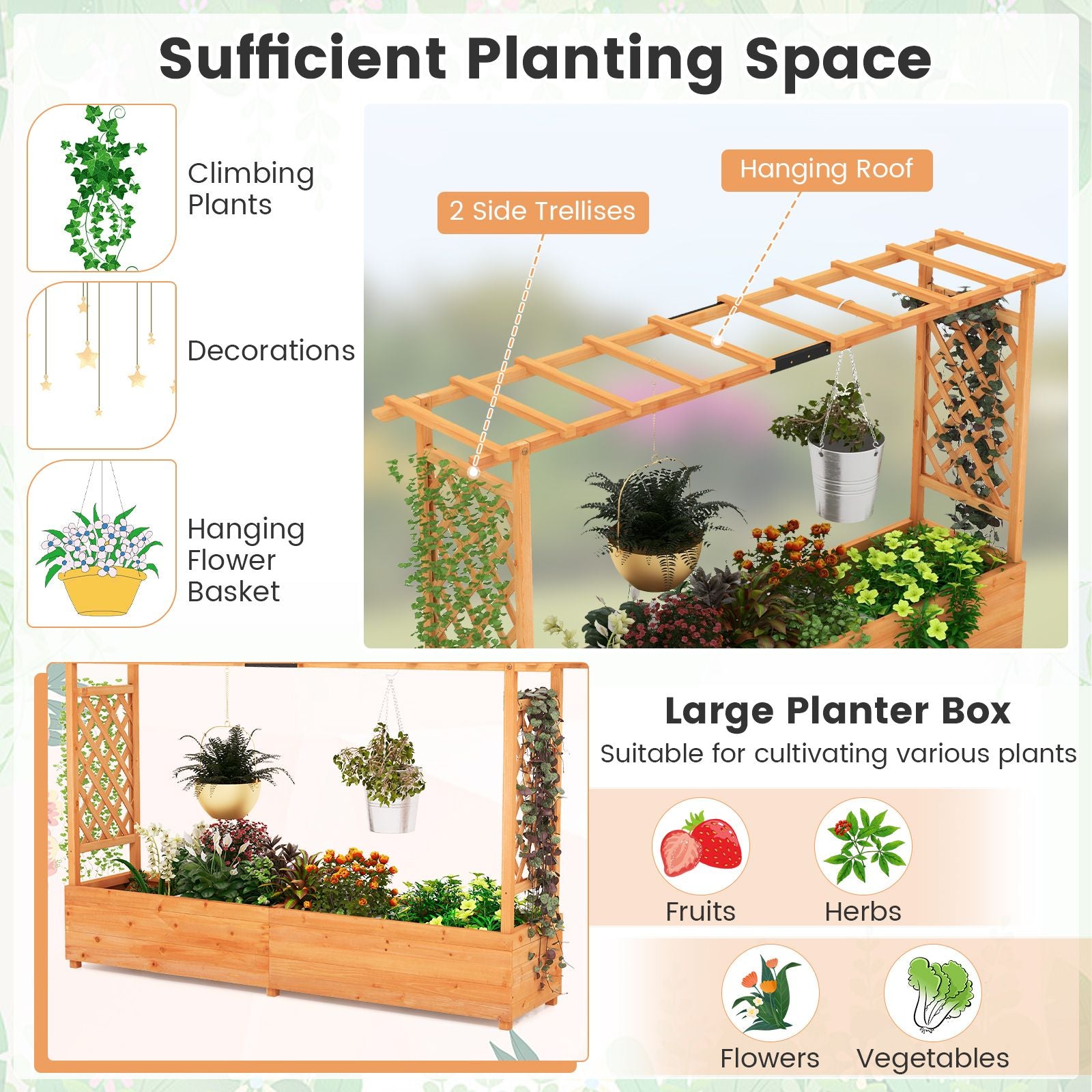 Elevated Garden Bed with Dual Trellis System and Canopy Roof