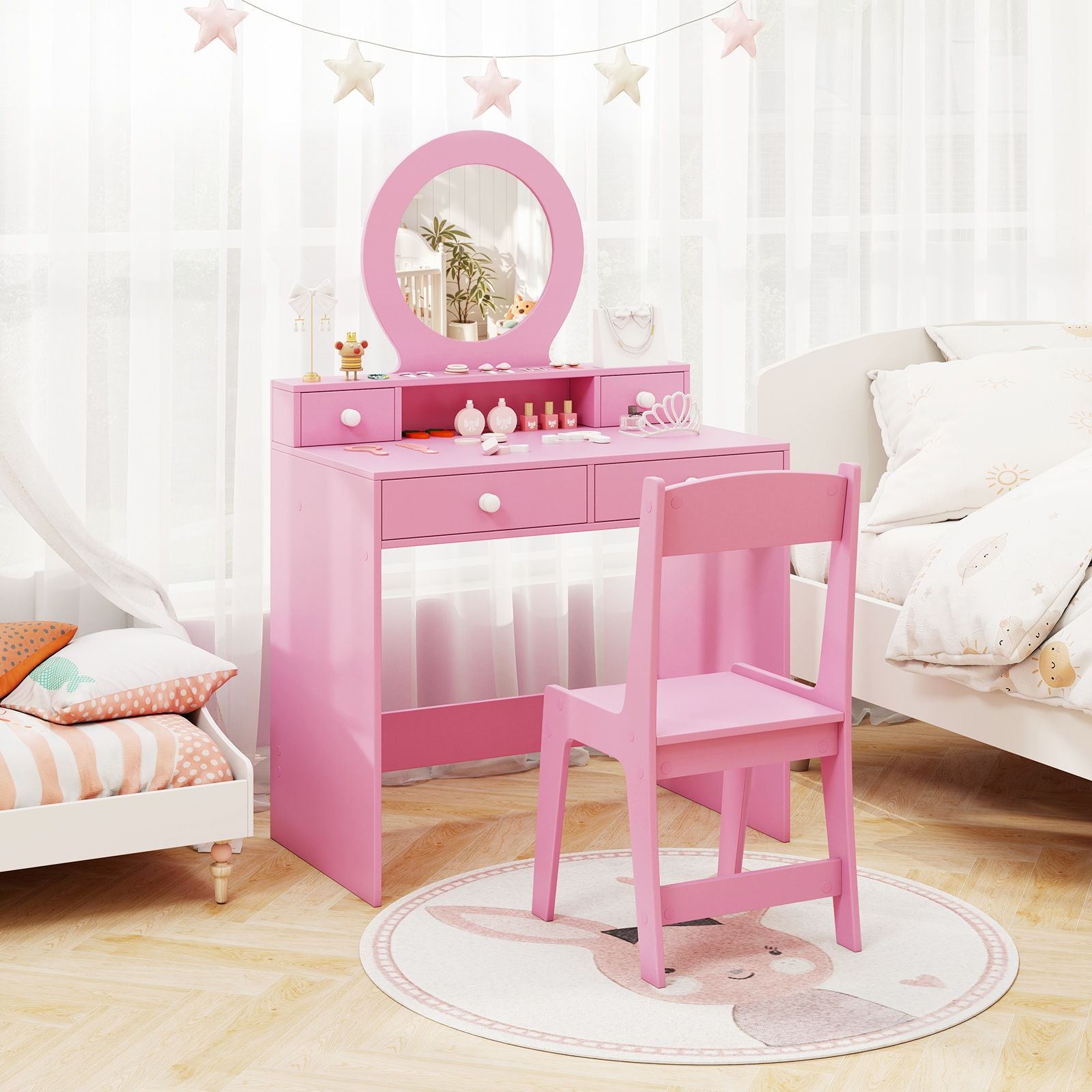 Children's Vanity Set Featuring Open Shelf and Four Storage Drawers