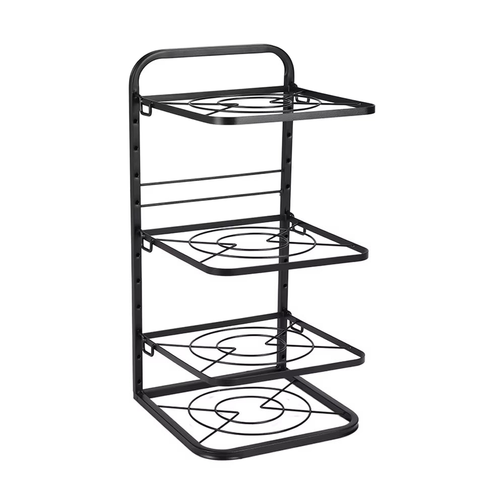 4-Tier Black Freestanding Kitchen Pot Rack Organizer, Heavy Duty Iron Adjustable Dividers Rust-Proof Storage Rack 26X26.5X52.5Cm