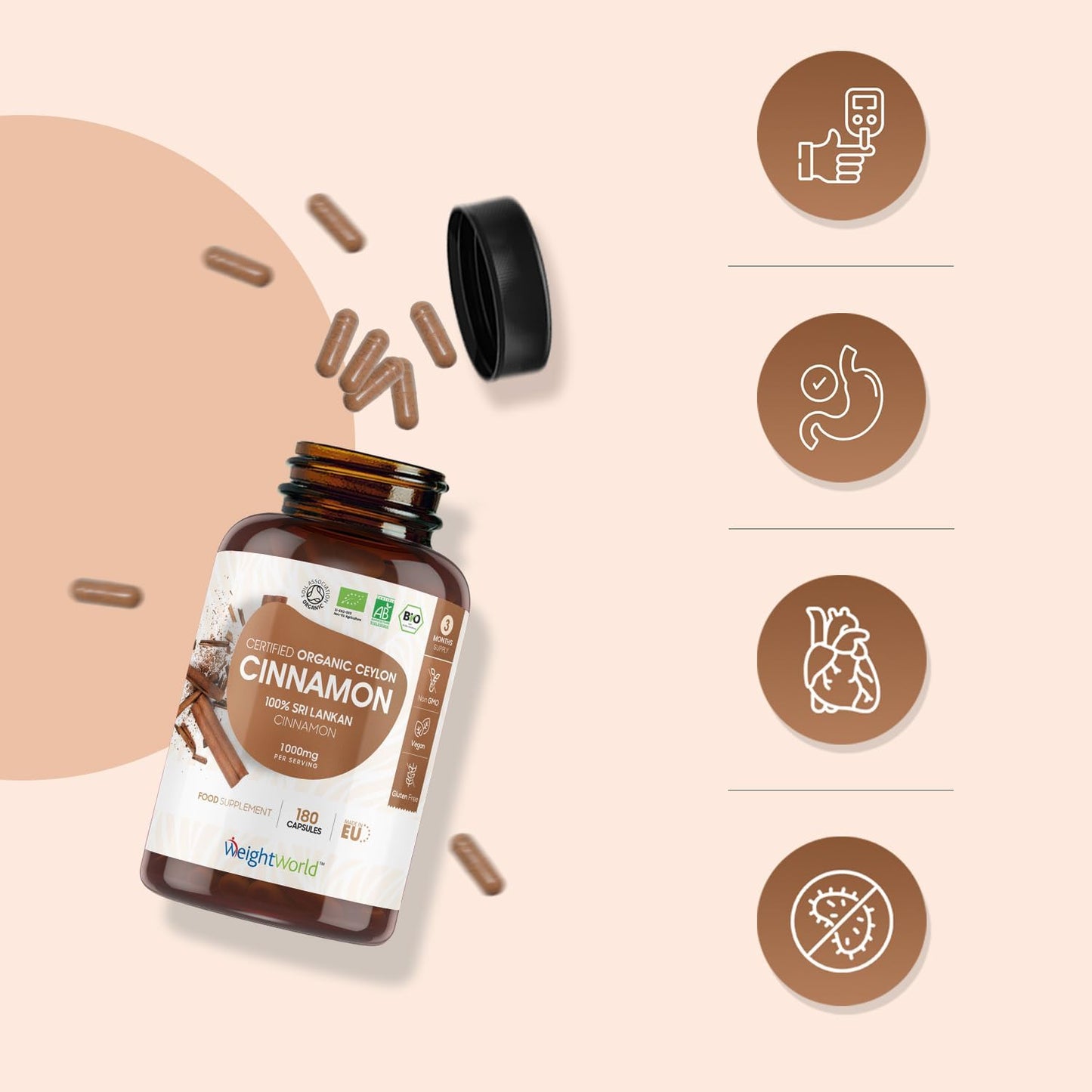 Organic Ceylon Cinnamon Capsules - 1000mg, 180 Vegan Capsules