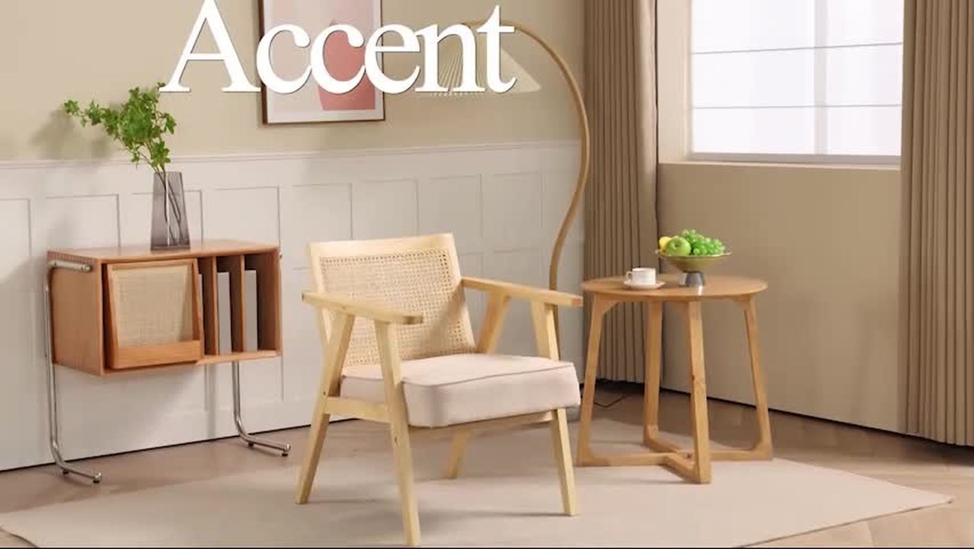 Stylish Rattan-Back Accent Chair with Comfortable Padded Cushion and Durable Rubber Wood Frame