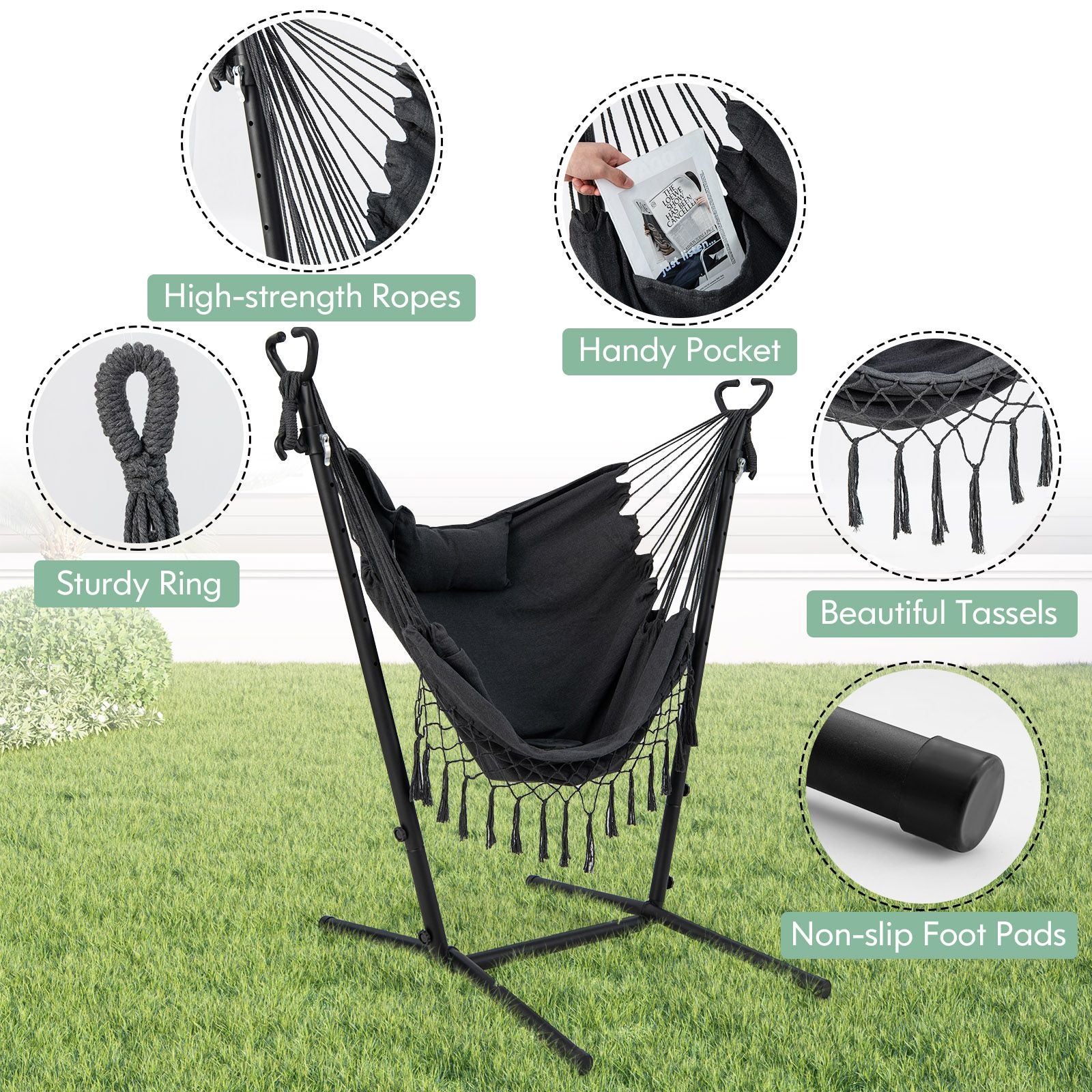 Hammock Chair with Stand and Integrated Phone Holder