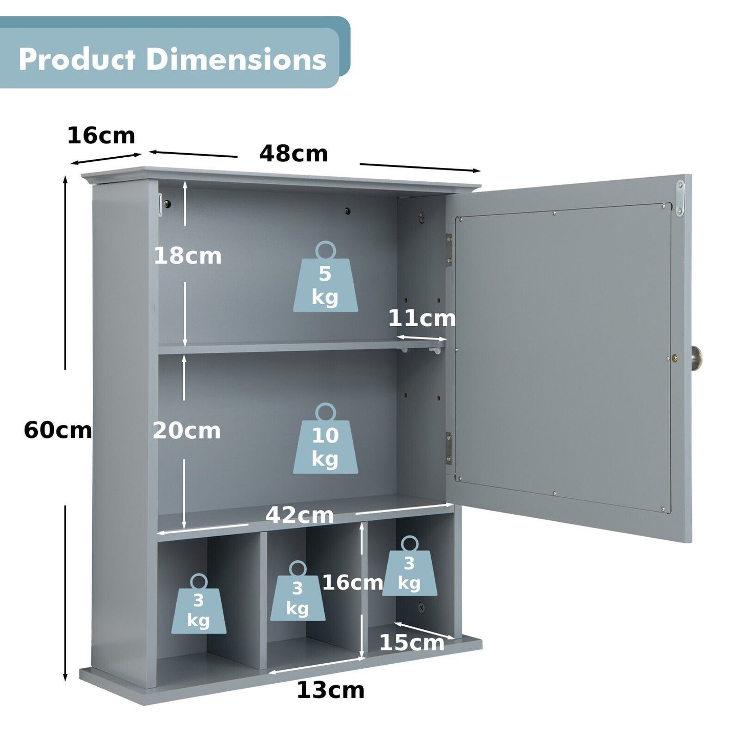 Mirror Door Bathroom Cabinet with Adjustable Shelf and 3 Compartments