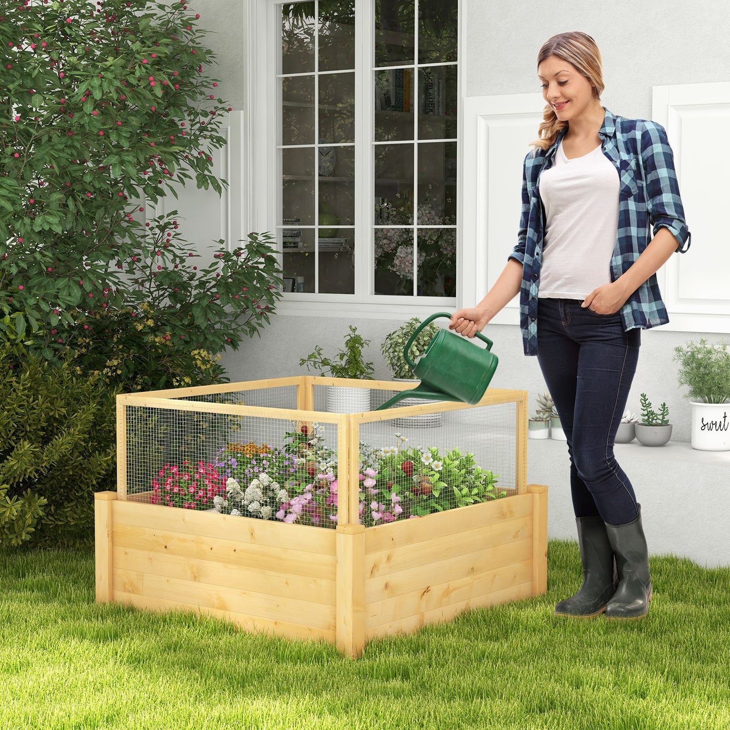 Elevated Garden Bed with Animal Protection Fence and Planting Grid
