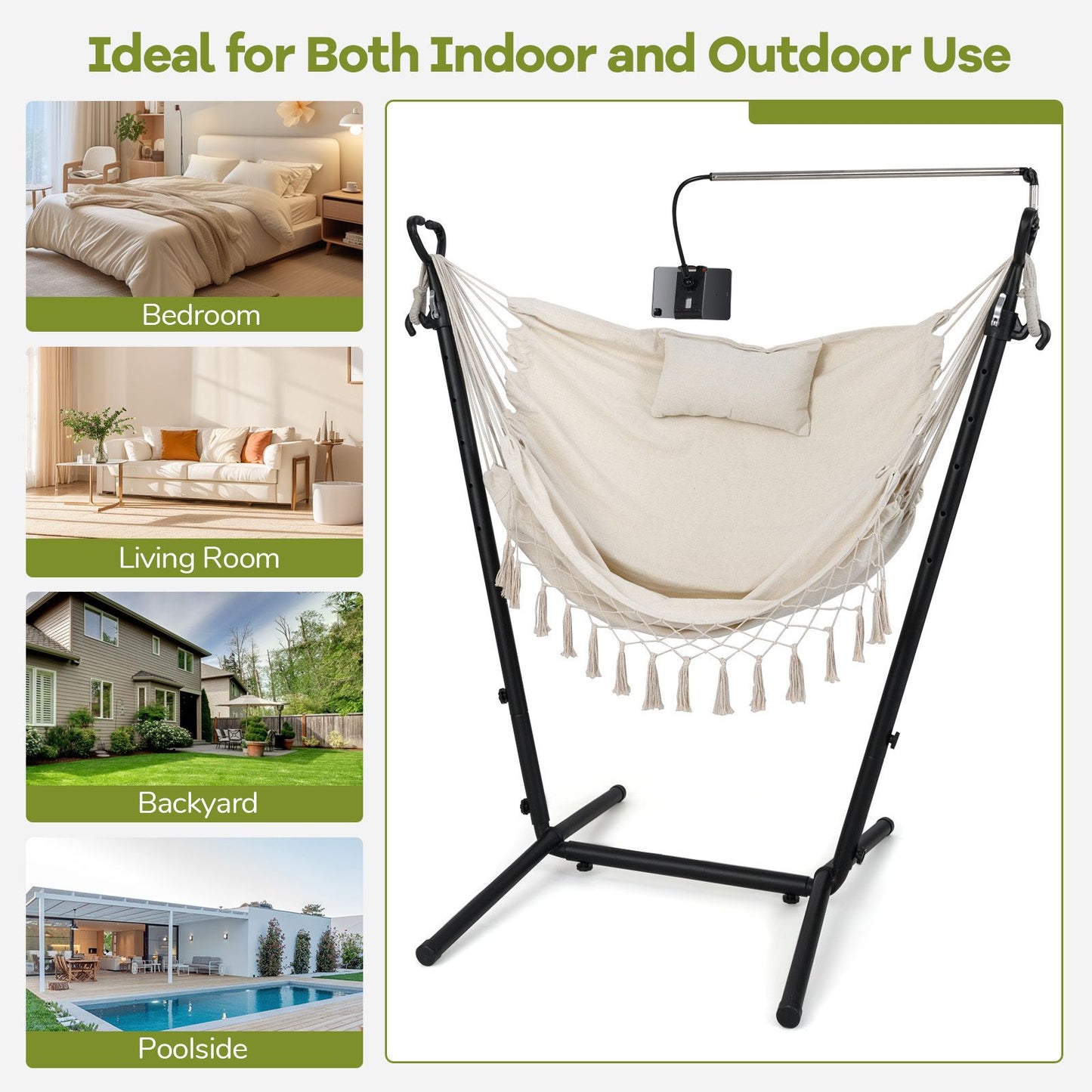 Hammock Chair with Stand and Integrated Phone Holder