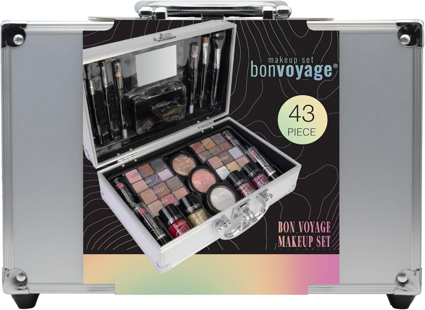 Professional Makeup Kit: Lipsticks, Eyeshadows, Blush, Nail Polish, Mirror, and Brushes in a Portable Lightweight Metal Train Case