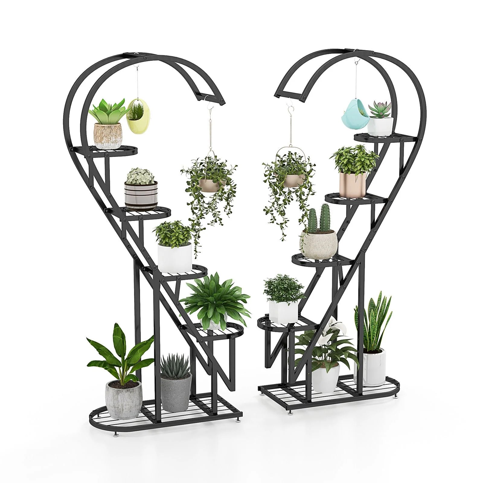 5-Tier Metal Heart-Shaped Plant Stand with Integrated Hanging Hooks