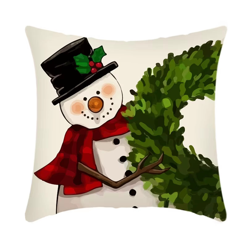 Linen Christmas Pillow Cover - Festive Snowman & Elk Design for 2024 Holiday Home Decor - Perfect Sofa & Car Cushion Cover (45x45cm)
