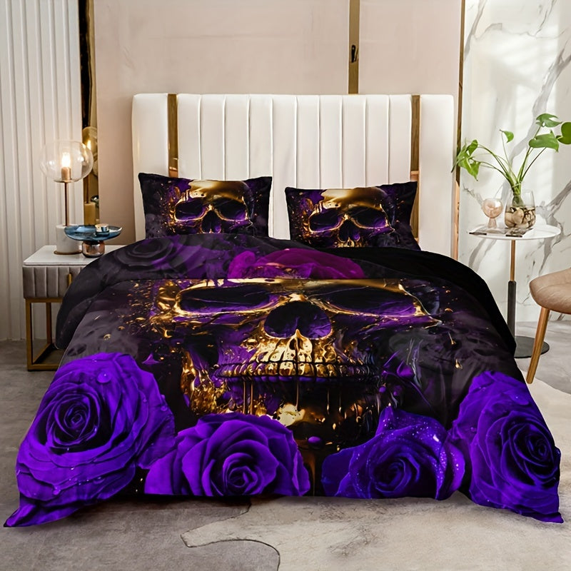 3pcs Soft Purple Rose Skull Pattern Breathable Duvet Cover Set for Bedroom, Guest Room, and Dorm Decor - Includes 1 Duvet Cover and 2 Pillowcases (Core Not Included) For Halloween