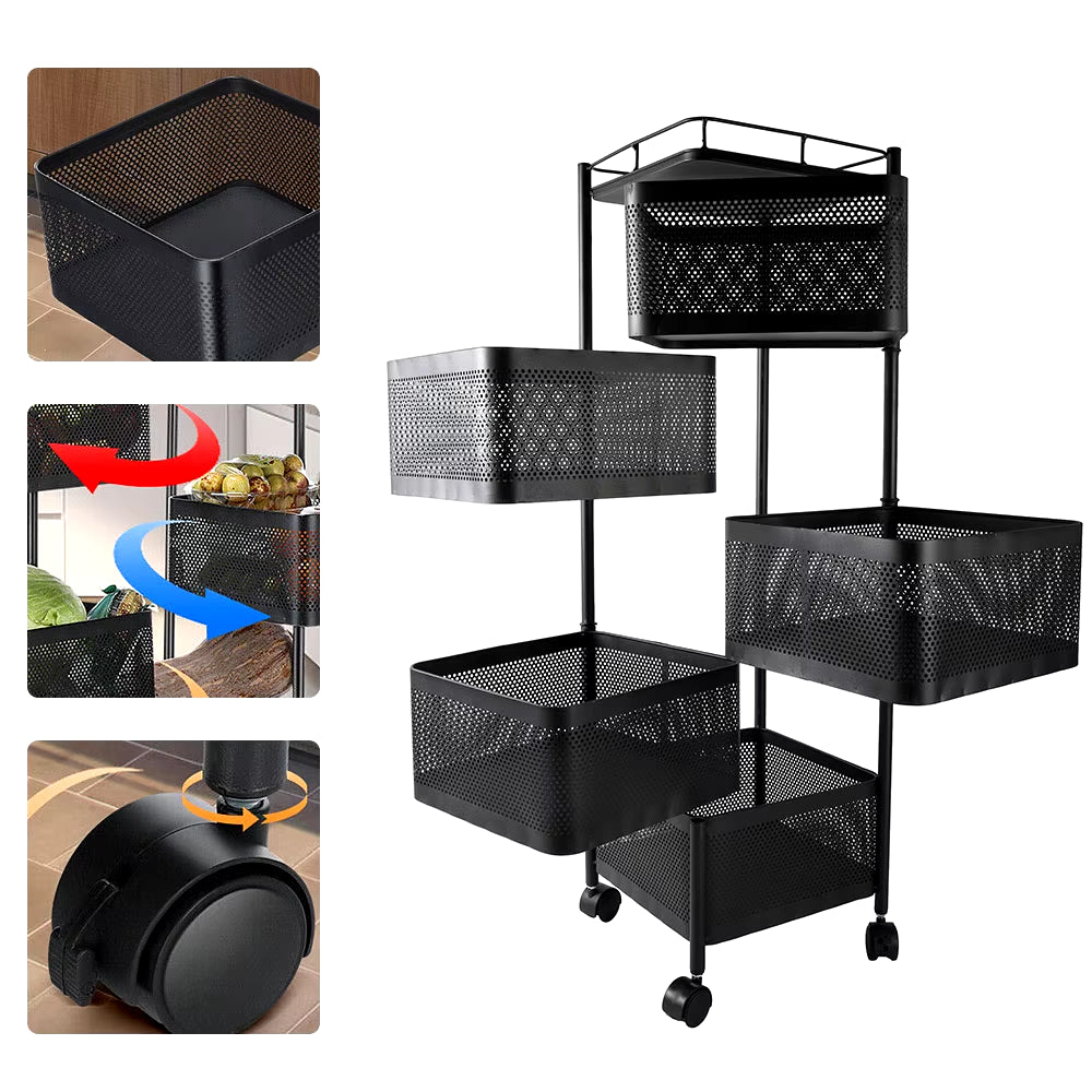 5-Layer Kitchen Shelves Rotatable Storage Rack with Wheels