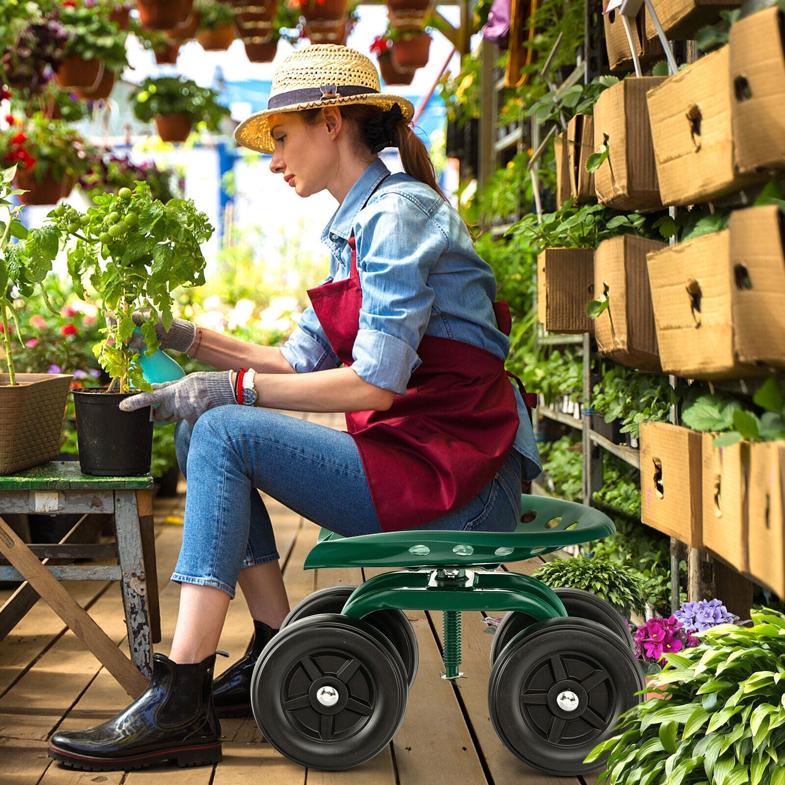 Garden Workseat with 360° Swivel Seat and Adjustable Height