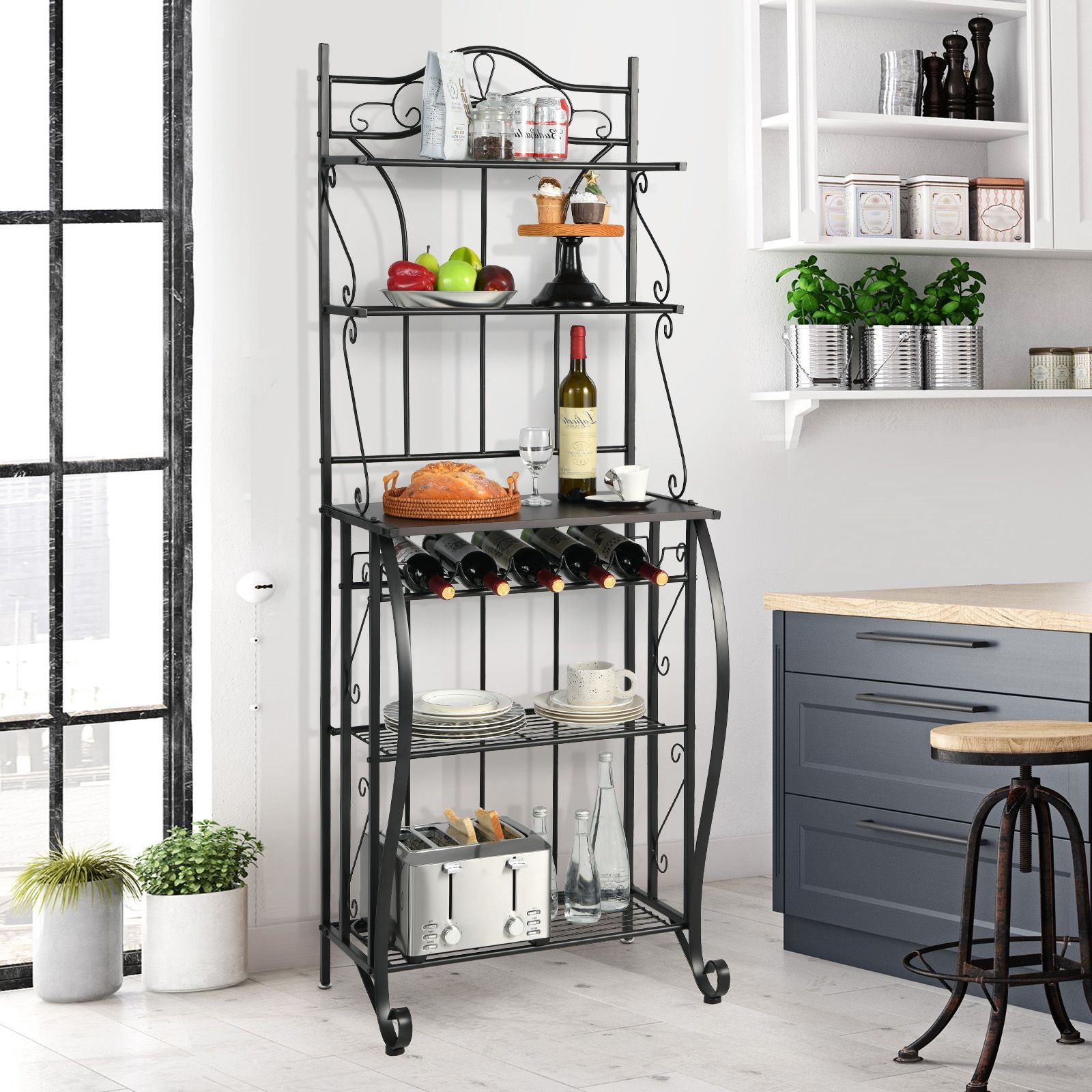 5-Tier Freestanding Baker's Rack with Integrated Wine Rack and Adjustable Feet