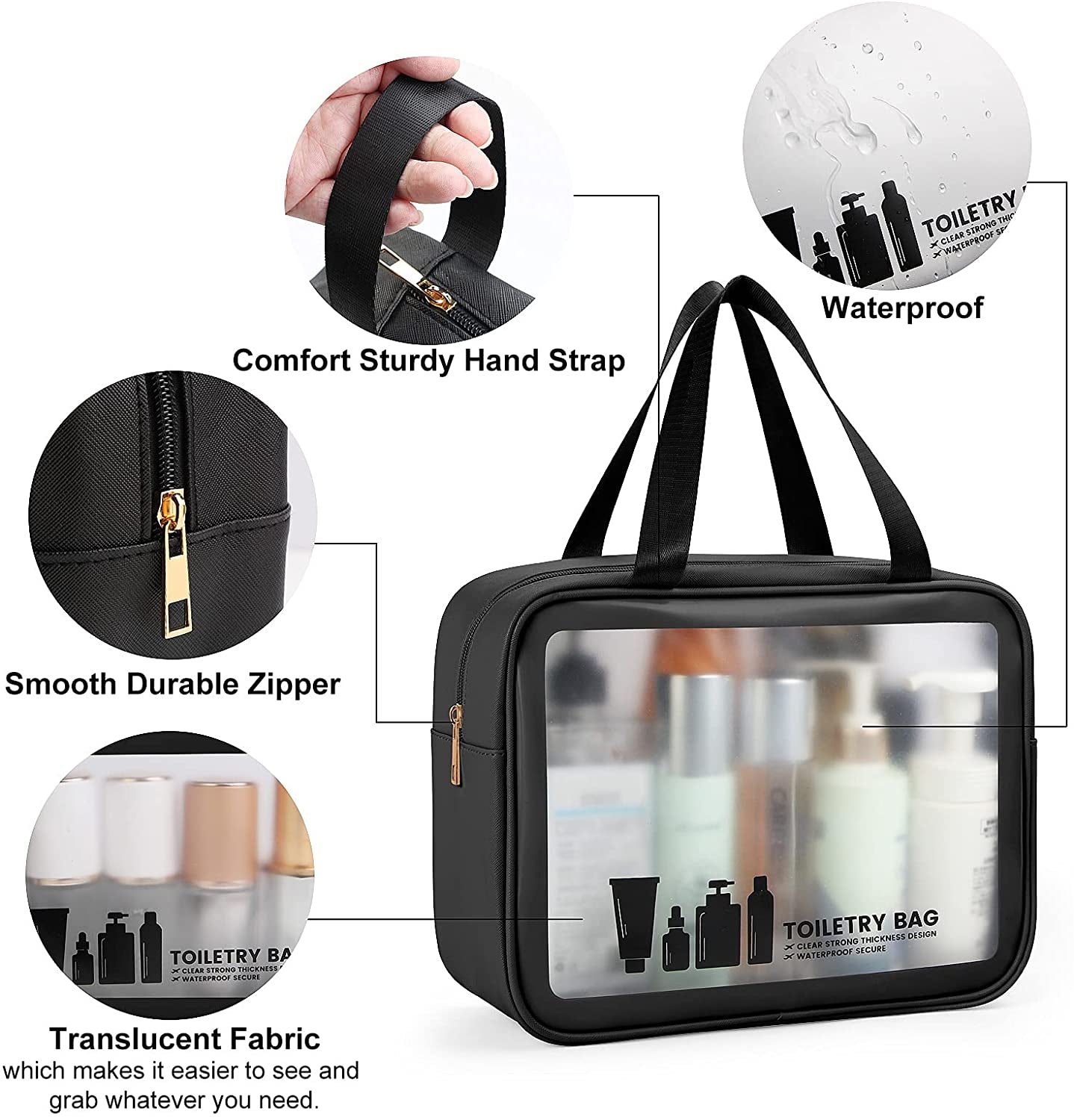 Stylish 3-Piece Waterproof Clear Travel Toiletry Bag Set - Durable PVC Makeup Bags with Zipper for Men and Women (Black)