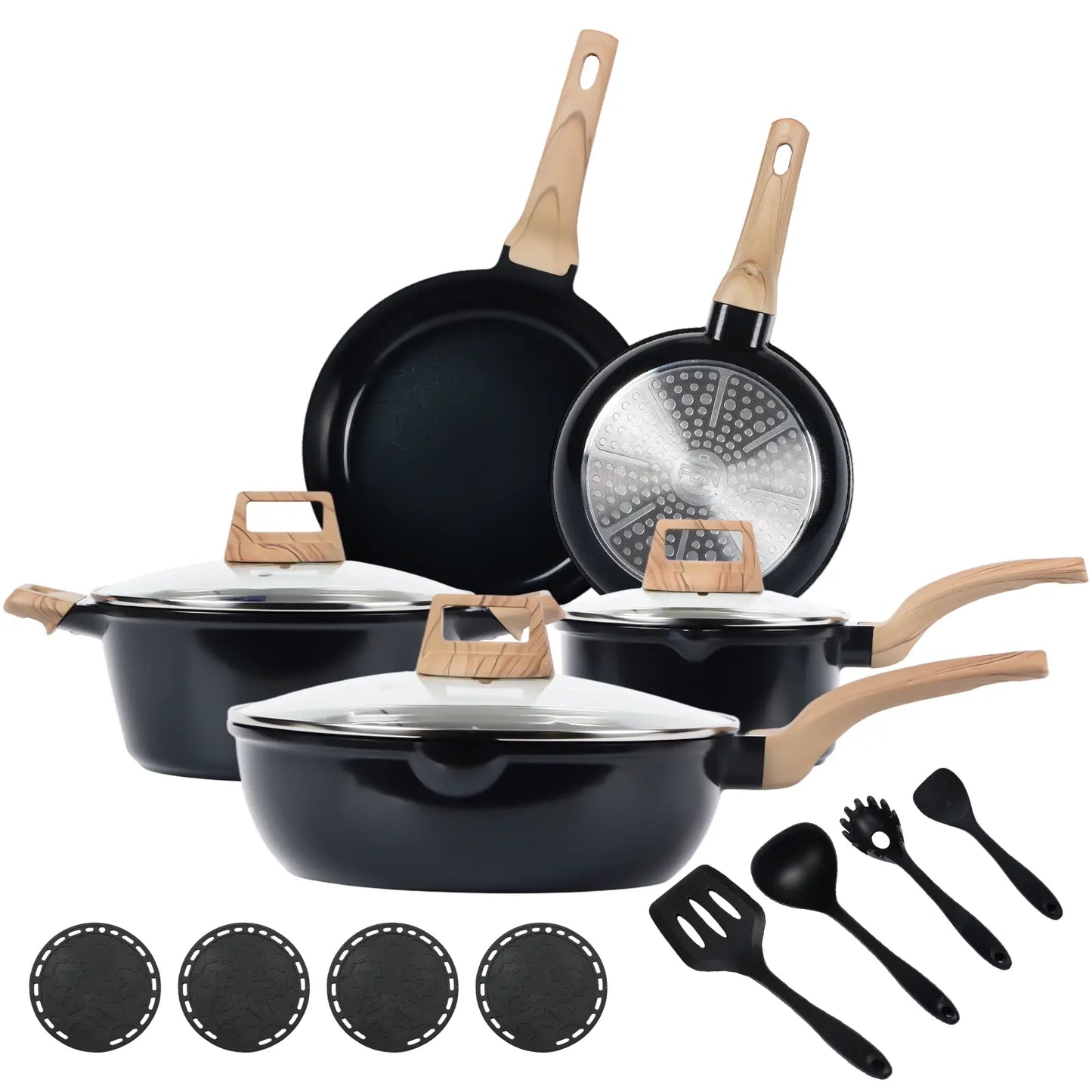 16-Pc Aesthetic Cookware Set - Non-Toxic, PFAS-Free Titanium Ceramic Granite Pots & Pans, Easy-Clean, Oven & Dishwasher Safe, Induction Ready with Fry Pan, Glass Lids & Utensils - Perfect Kitchen Upgrade!