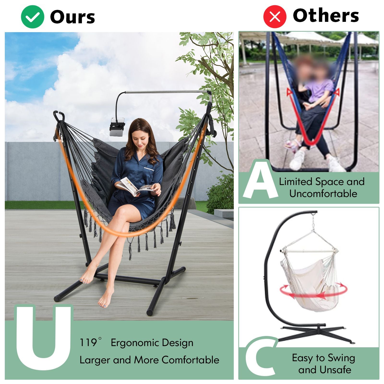 Hammock Chair with Stand and Integrated Phone Holder