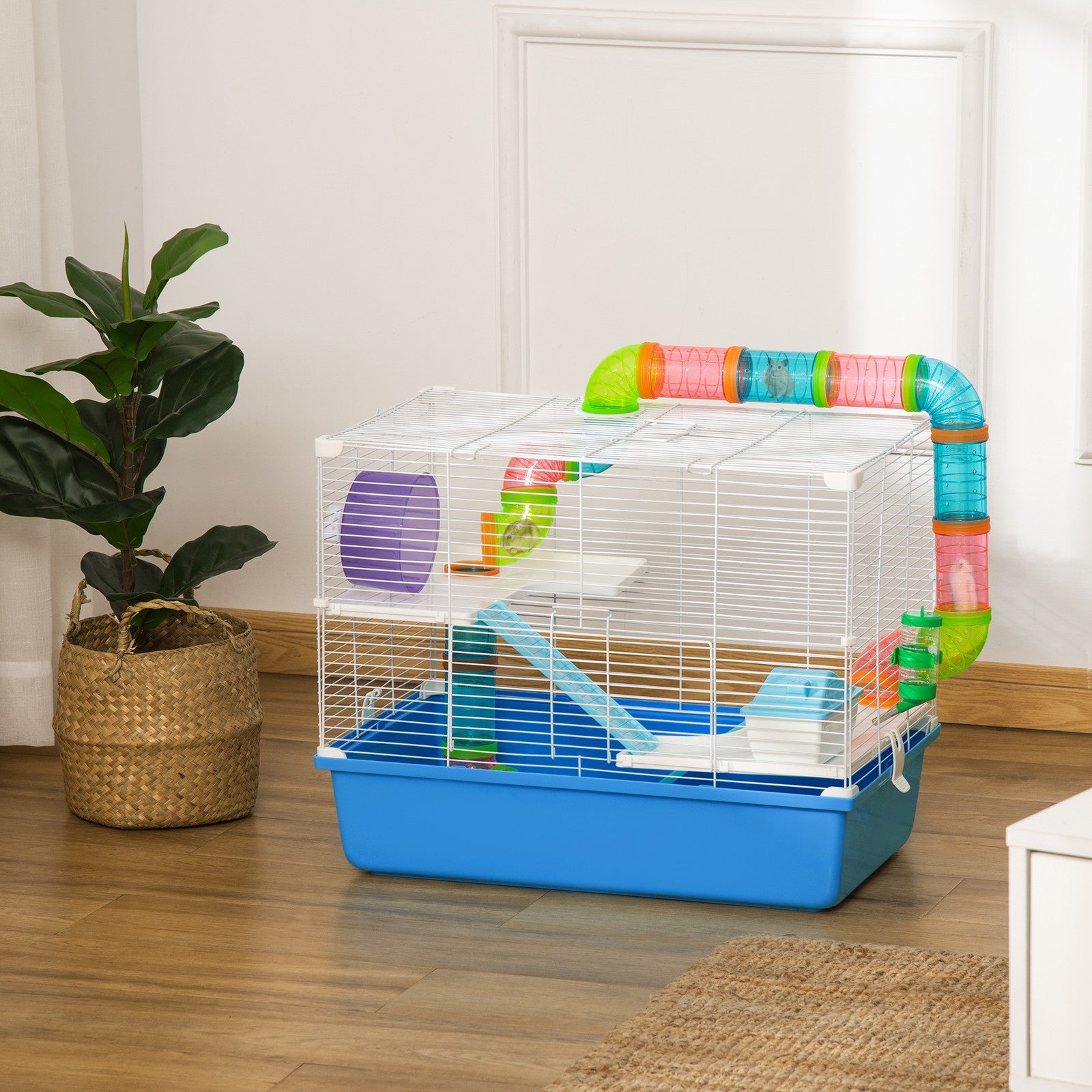 Blue Hamster Cage with Fun Tubes, Exercise Wheel, Water Bottle, and Food Dish