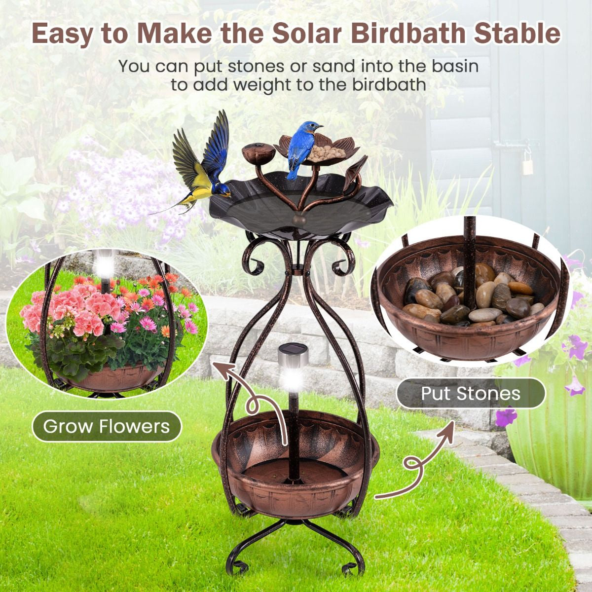 79 cm Solar-Powered Outdoor Bird Bath with Floral Planter Base and Integrated LED Lighting
