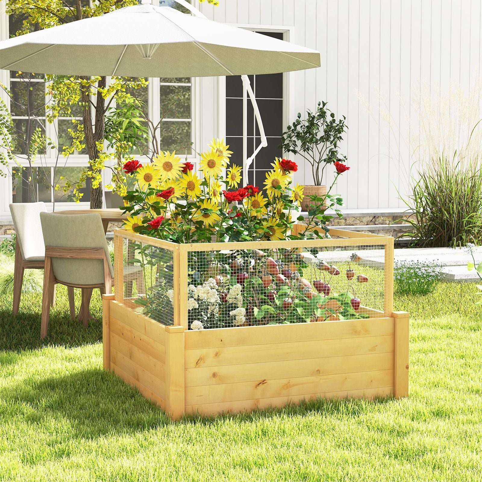 Elevated Garden Bed with Animal Protection Fence and Planting Grid