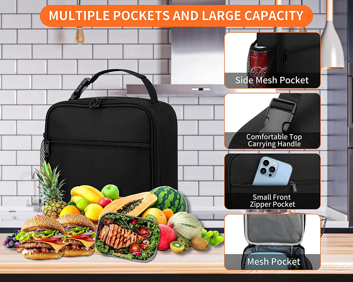Lunch Box for Men - Reusable Lunch Bag Men Adult Women- Insulated Small Lunchbox (Black