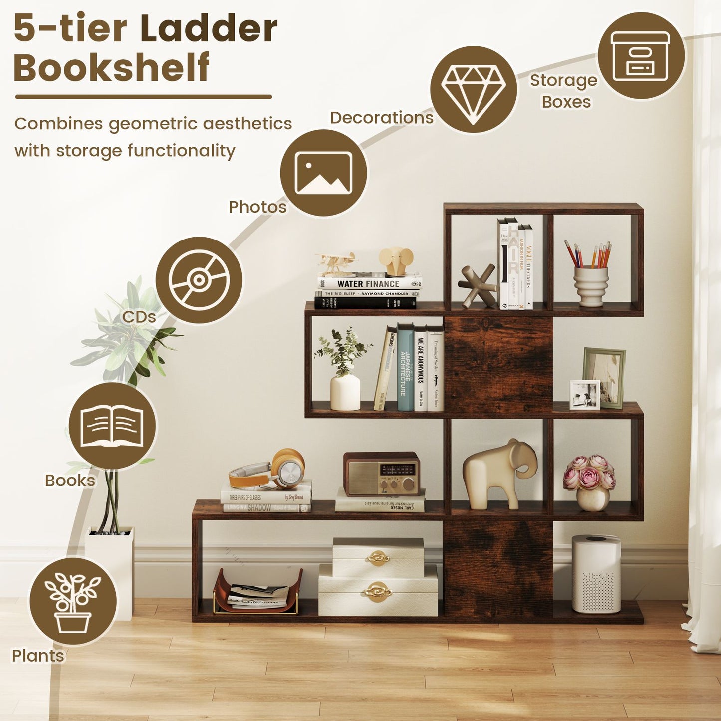 5-Tier Bookshelf for Display and Storage in Home and Office Environments