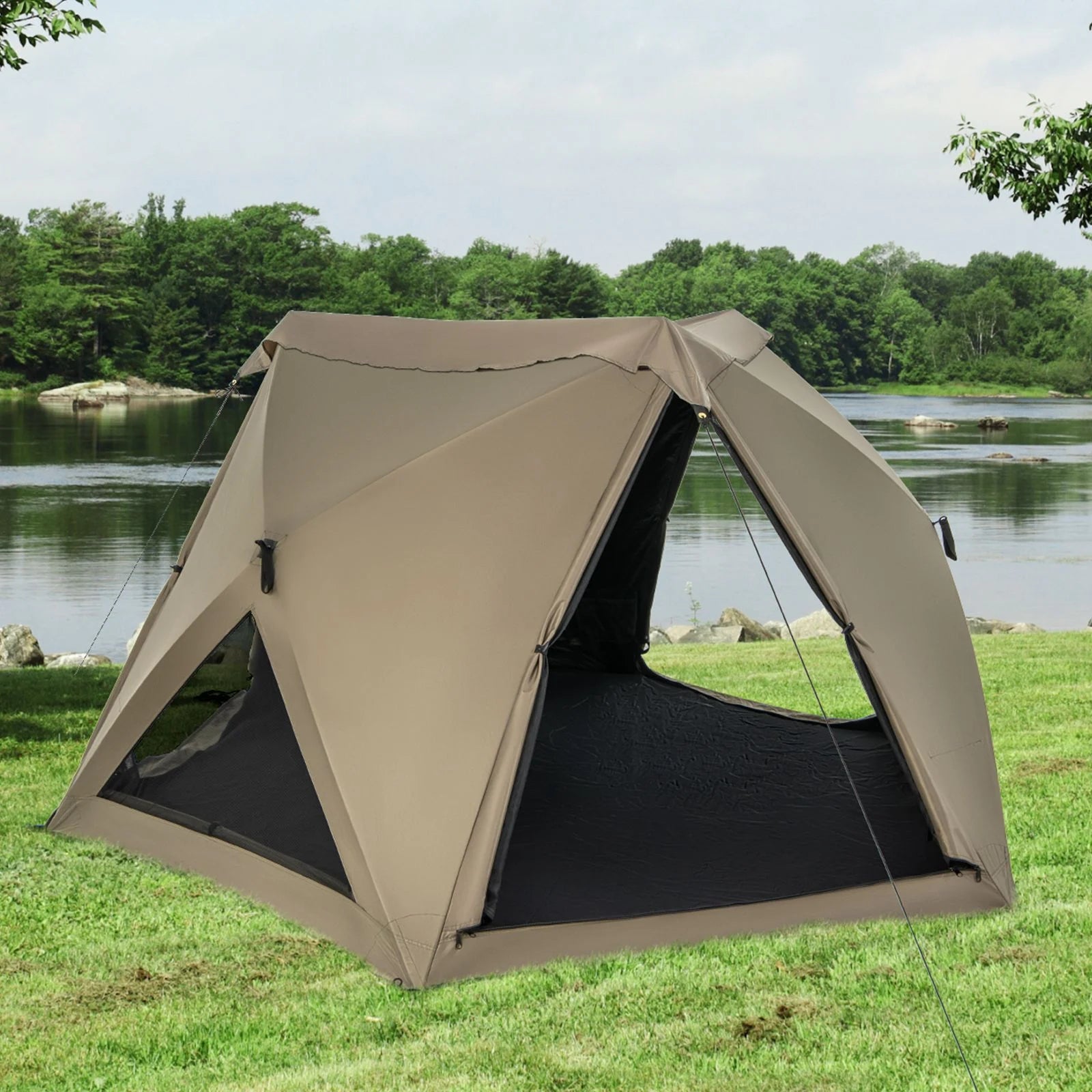 6-Sided Family Tent Featuring Rainfly, Skylight, Three Entrances, and Three Windows