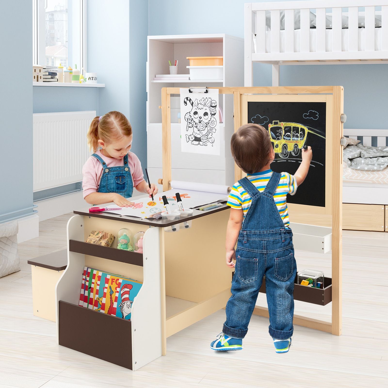 Delightful Children's Art Easel Table and Bench Set with Adjustable Easel and Integrated Bookshelf for Creative Play