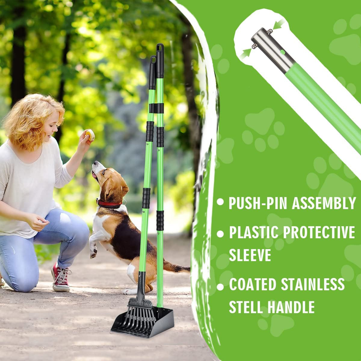 Ultimate Heavy-Duty Dog Pooper Scooper Set - Long Handle Stainless Steel Tray & Rake for Easy Cleanup on Grass, Dirt, or Gravel - Perfect for Medium & Small Dogs (Green)