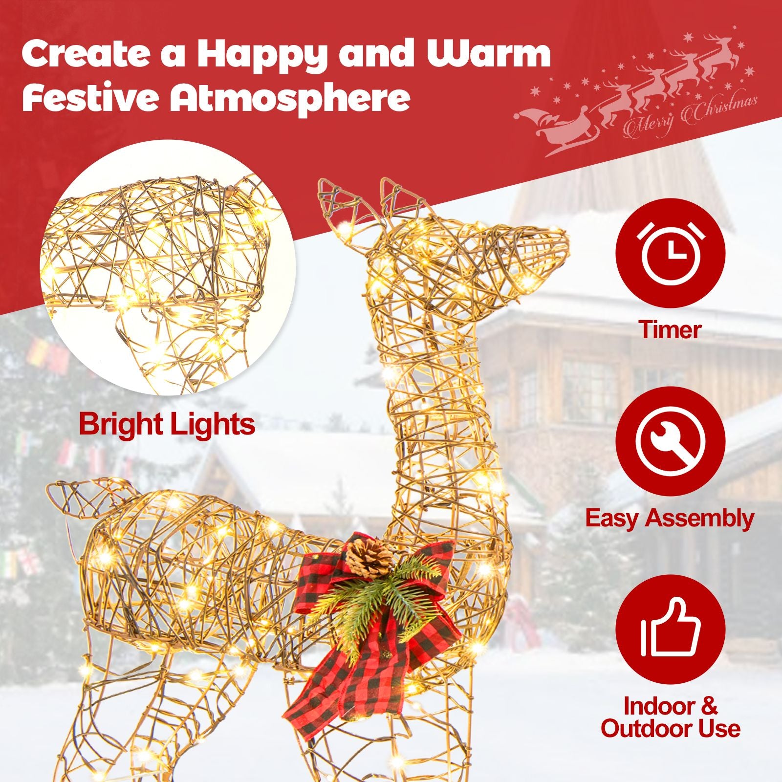 Reindeer Family Decorative Set with 230 LED Lights and Ground Stakes - 2 Pieces