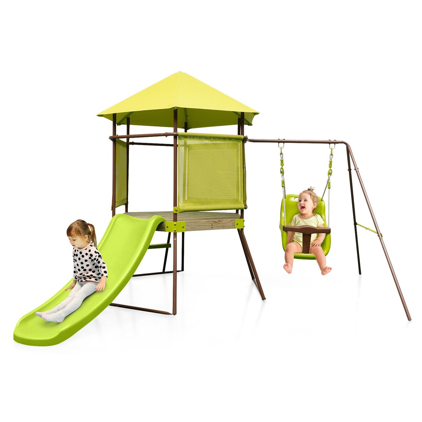 Height-Adjustable 4-in-1 Swing Set with Metal Frame and Ground Stakes