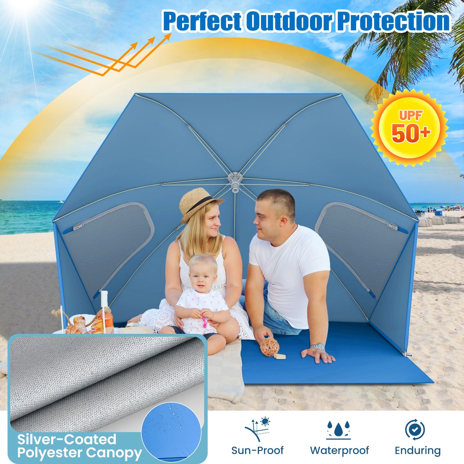 Convertible Beach Tent for 2-4 People with Roll-Up Windows