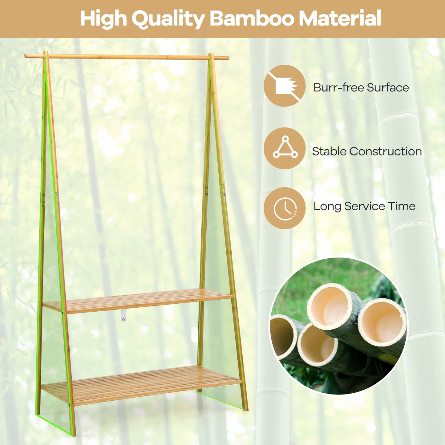 Bamboo Clothing Rack with Hanging Rod, Two Shelves, and Hooks