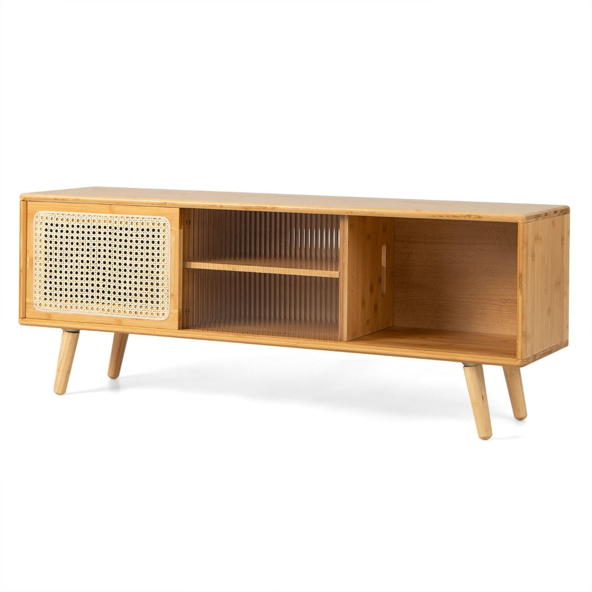 Bamboo Entertainment Center Featuring Rattan Accents and Tempered Glass Sliding Doors