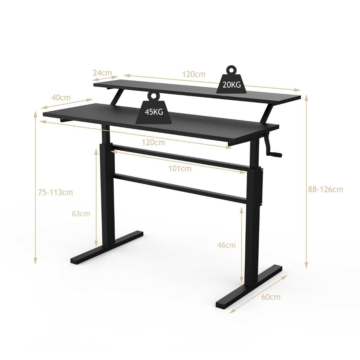 2-Tier Standing Desk with Adjustable Height and Crank Handle