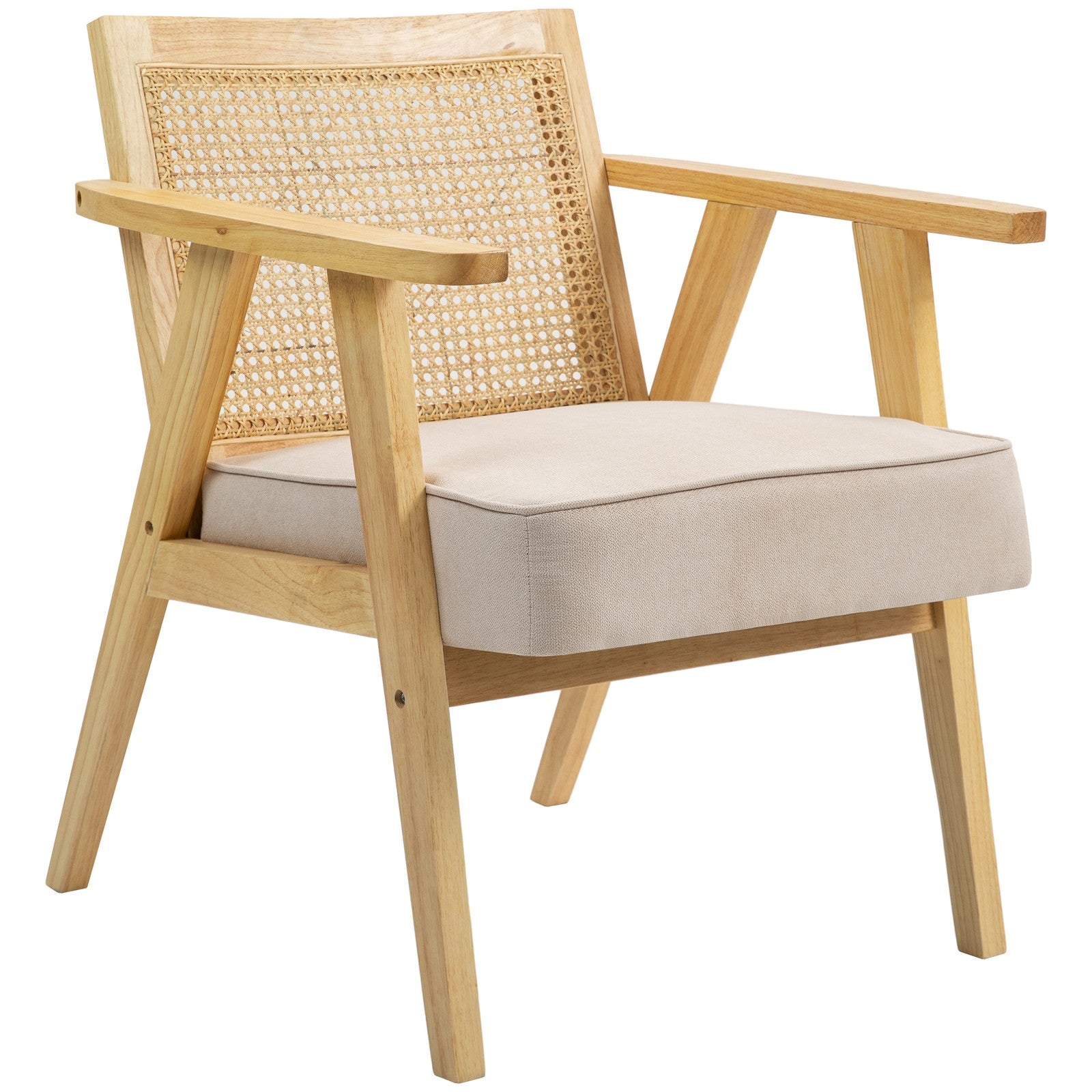 Stylish Rattan-Back Accent Chair with Comfortable Padded Cushion and Durable Rubber Wood Frame