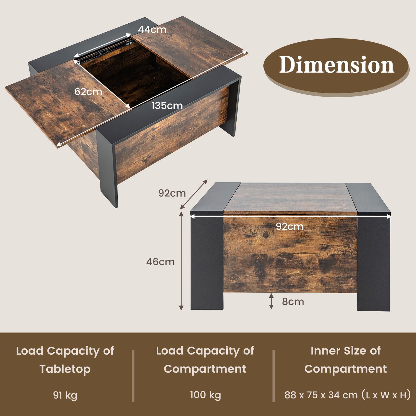 92cm Square Coffee Table with Sliding Top and Concealed Storage Compartment