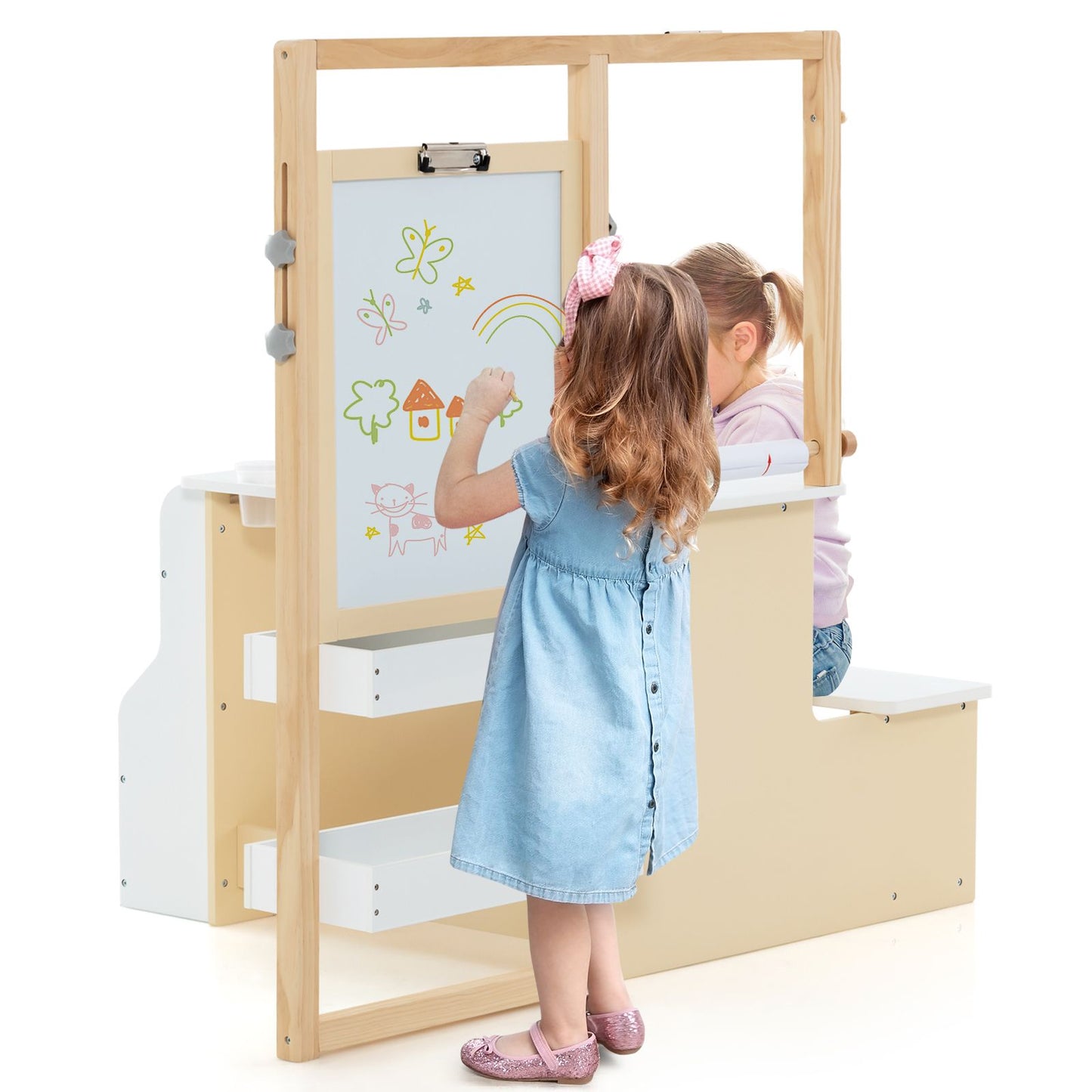 Delightful Children's Art Easel Table and Bench Set with Adjustable Easel and Integrated Bookshelf for Creative Play