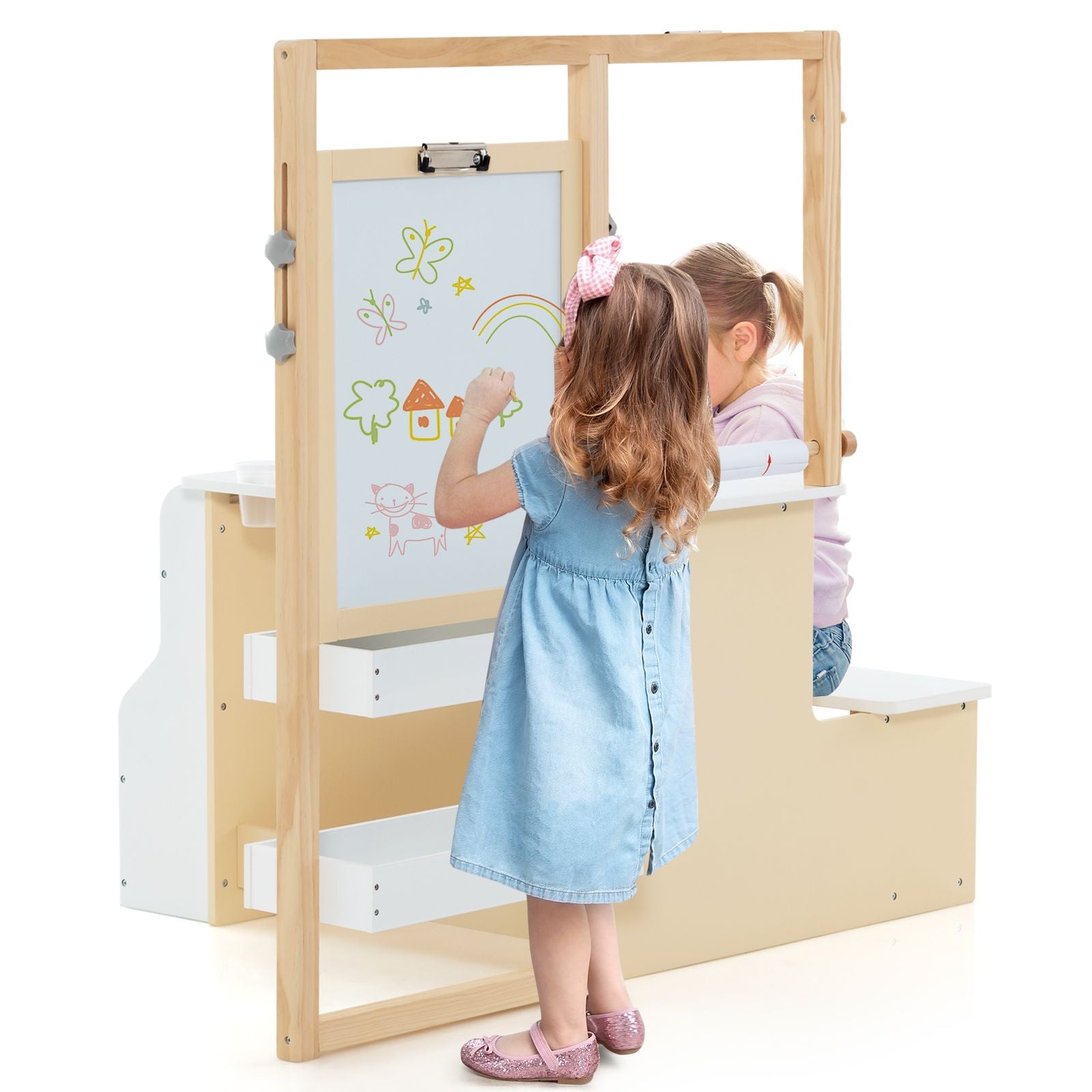 Delightful Children's Art Easel Table and Bench Set with Adjustable Easel and Integrated Bookshelf for Creative Play