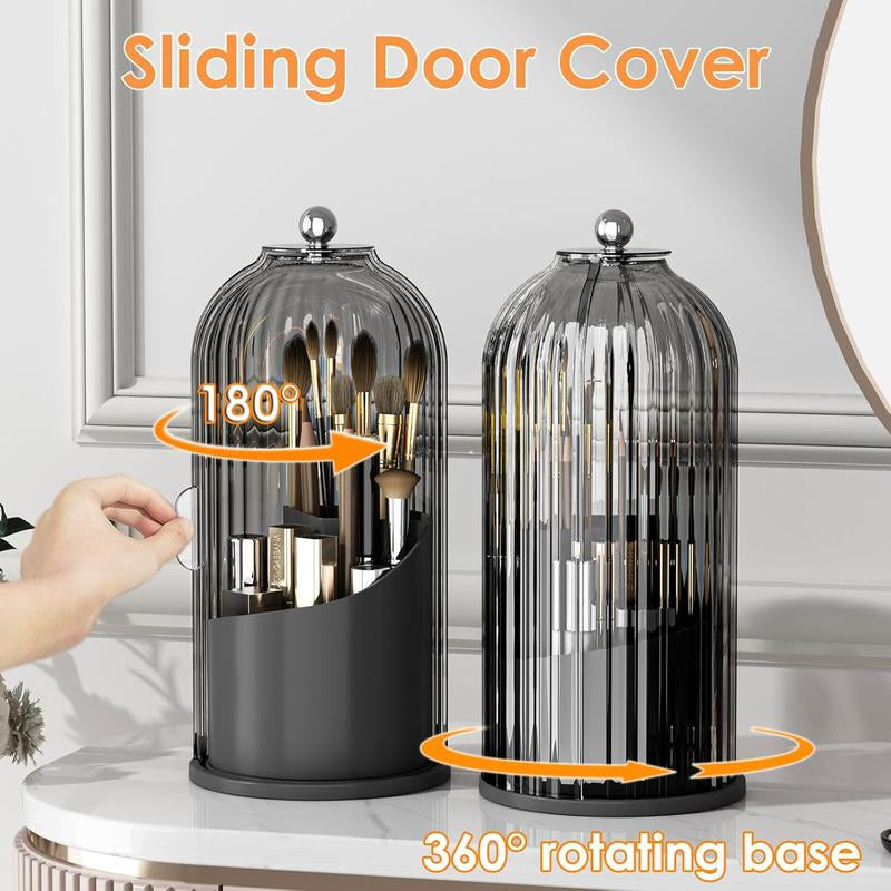 360° Rotating Makeup Brush Holder with Transparent Lid - Stylish Organizer for Vanity, Bathroom, and Desktop