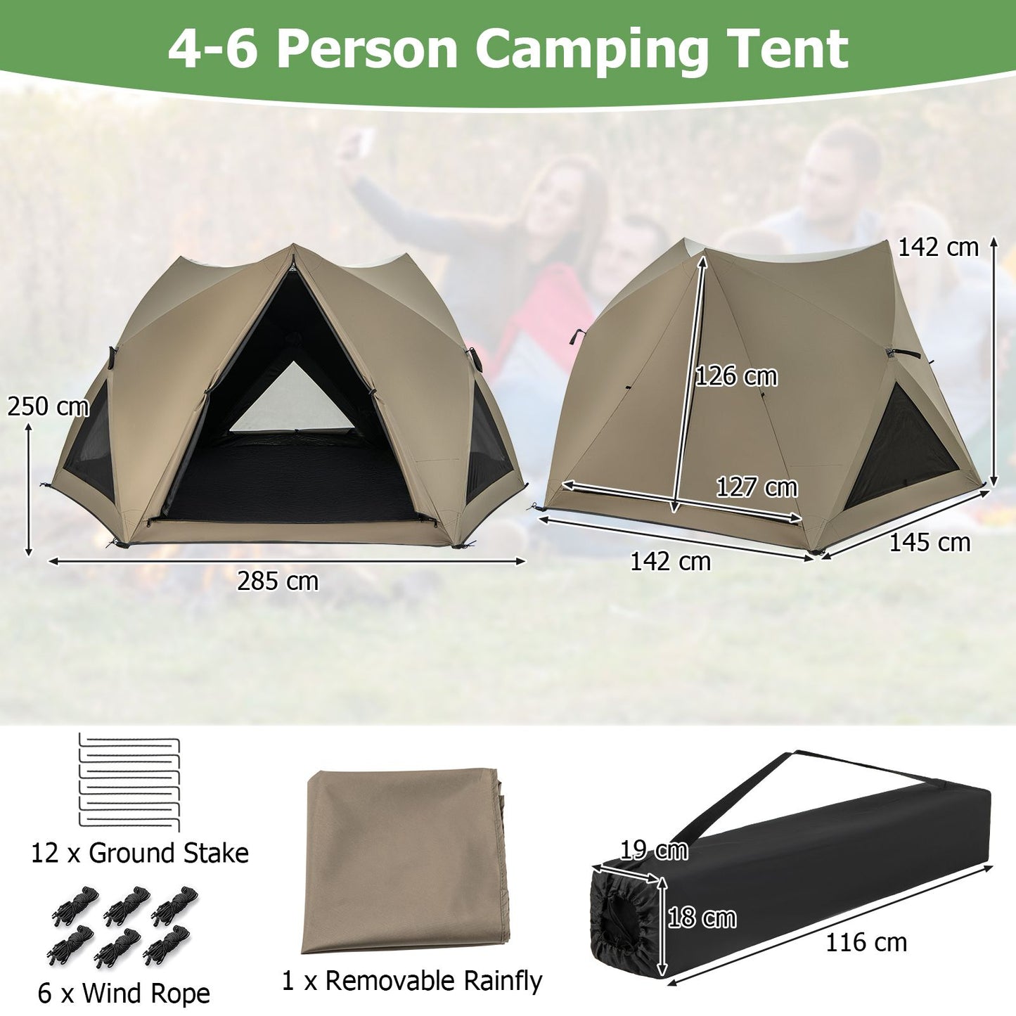 6-Sided Family Tent Featuring Rainfly, Skylight, Three Entrances, and Three Windows