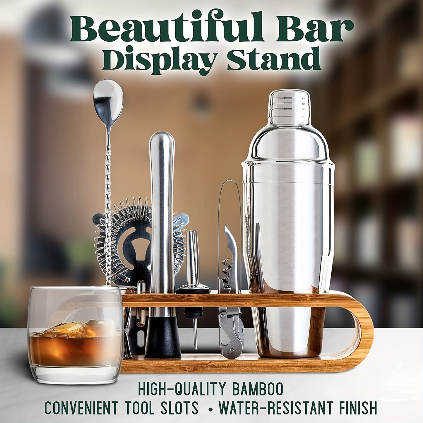 Heavy-Duty Stainless Cocktail Shaker Set & Bar Tools with Bamboo Stand