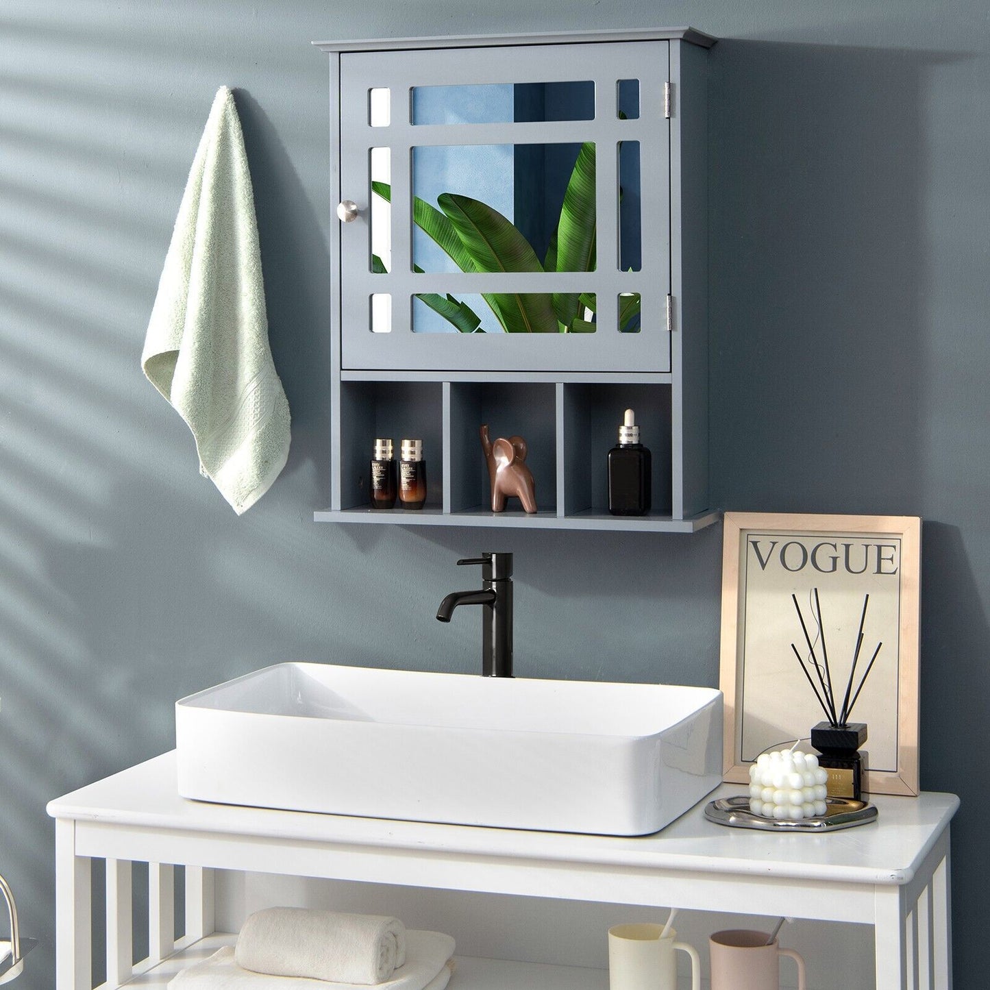 Mirror Door Bathroom Cabinet with Adjustable Shelf and 3 Compartments
