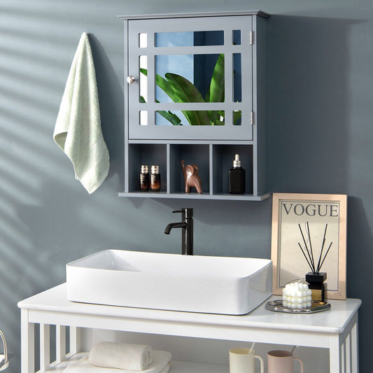 Mirror Door Bathroom Cabinet with Adjustable Shelf and 3 Compartments