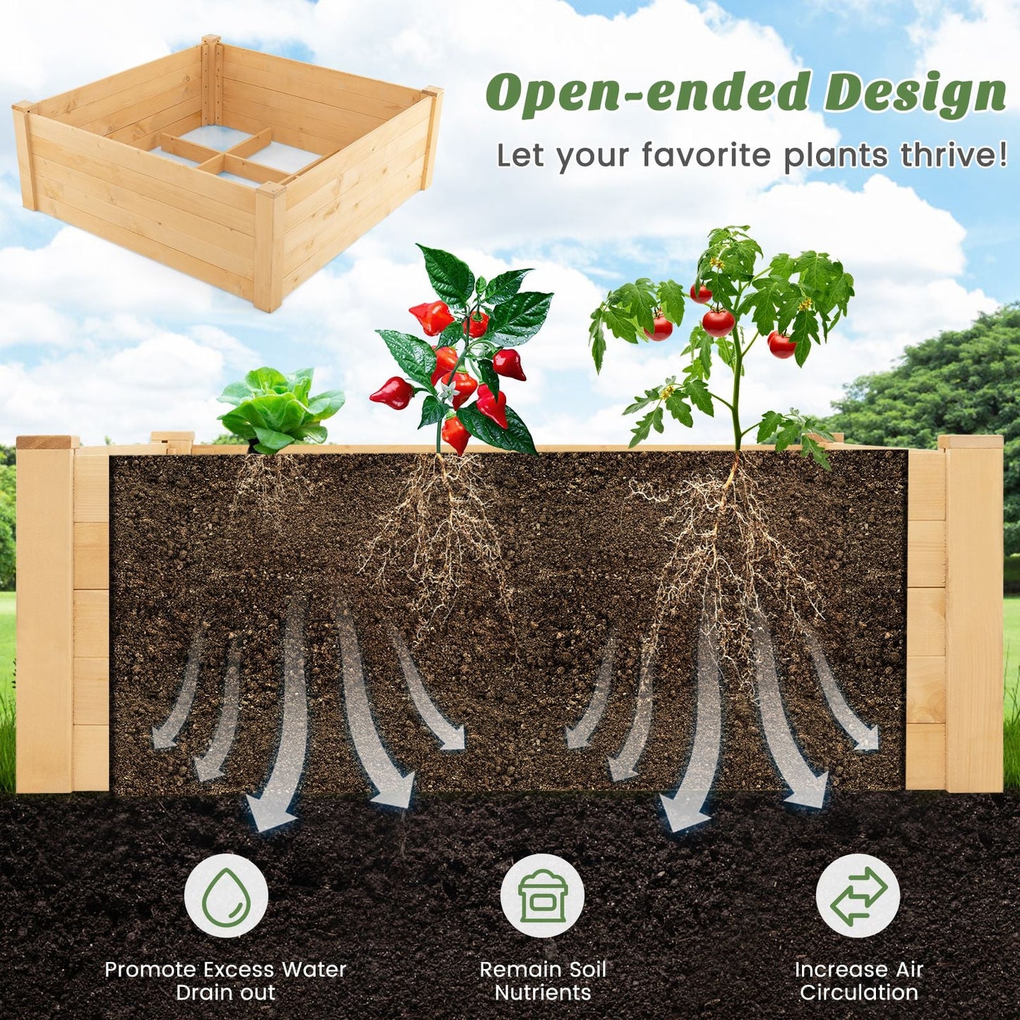 Elevated Garden Bed with Animal Protection Fence and Planting Grid