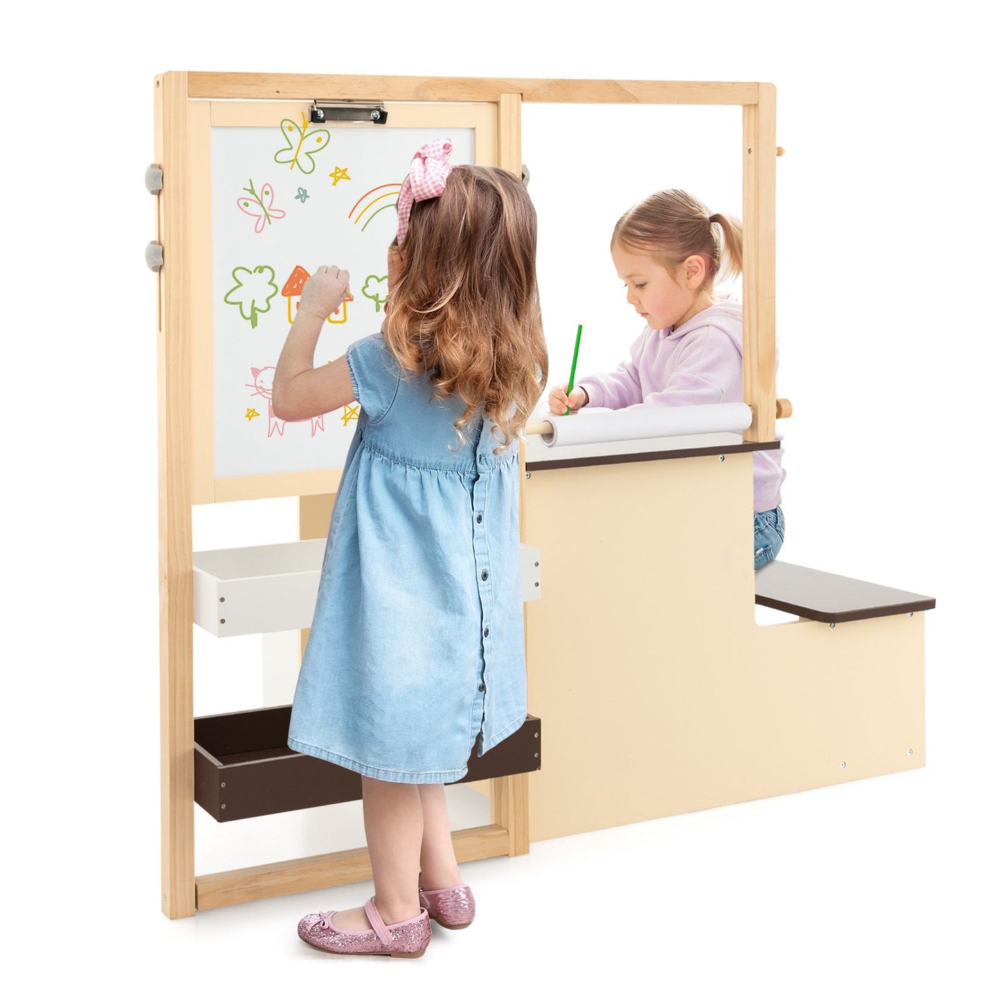 Delightful Children's Art Easel Table and Bench Set with Adjustable Easel and Integrated Bookshelf for Creative Play