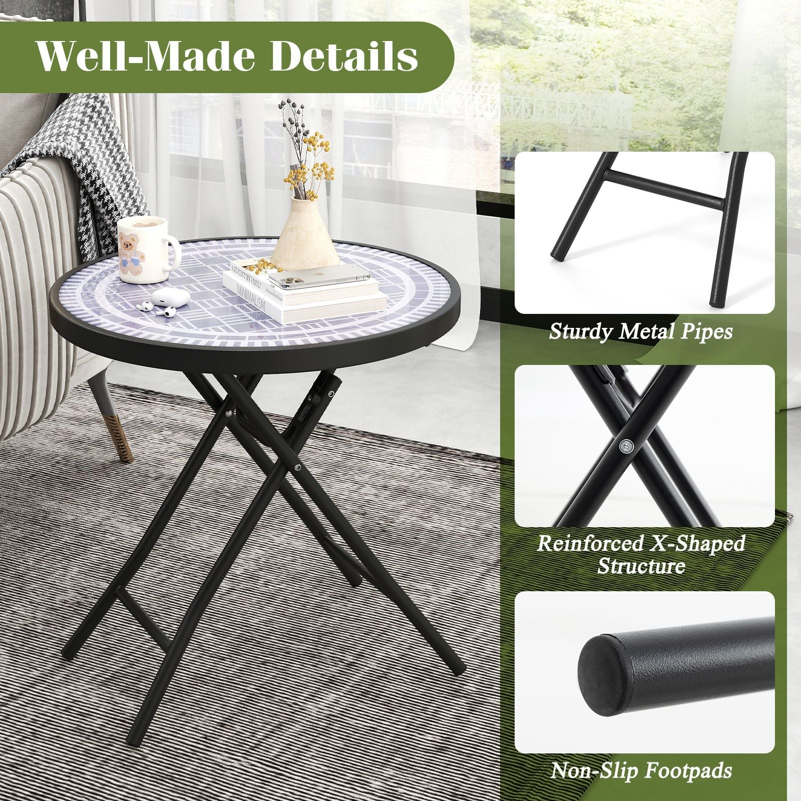 Round Folding Patio Coffee Table with Tempered Glass Top