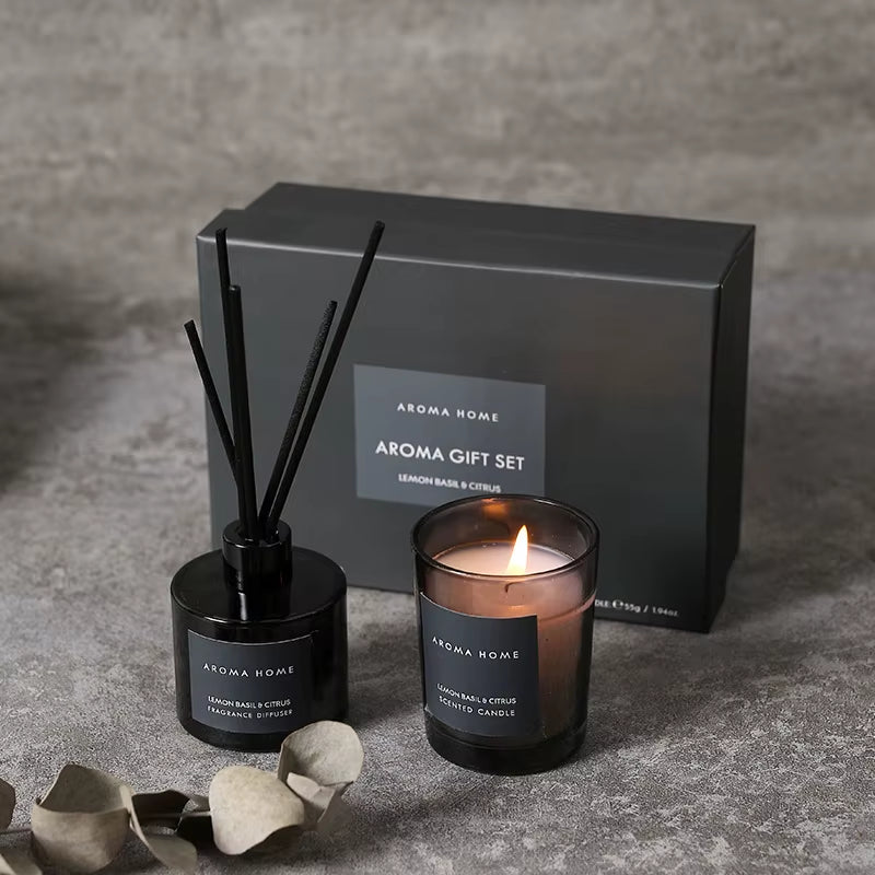 2Pcs Gift Box Set Aromatherapy Essential Oil Rattan Handmade Clear Scented Candle