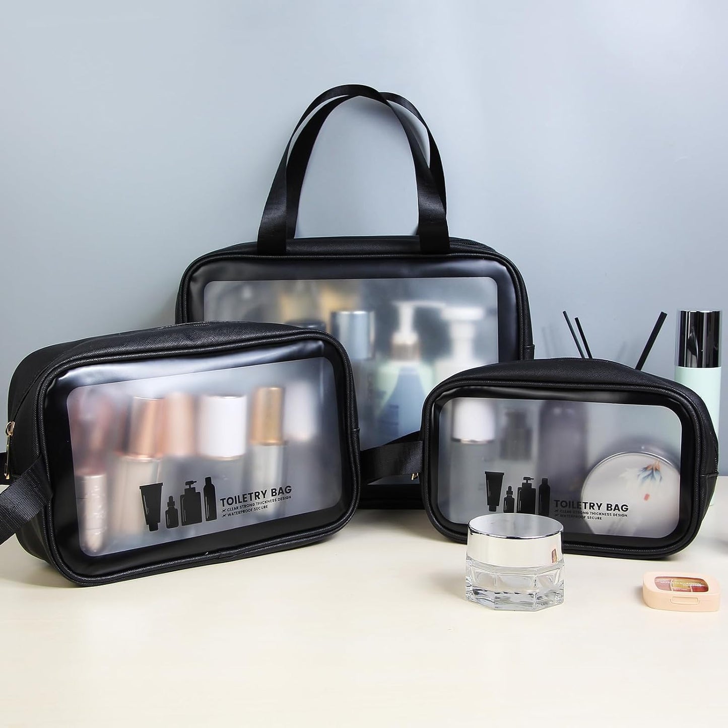 Stylish 3-Piece Waterproof Clear Travel Toiletry Bag Set - Durable PVC Makeup Bags with Zipper for Men and Women (Black)