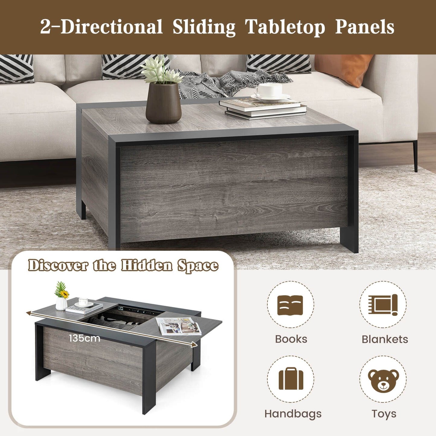 92cm Square Coffee Table with Sliding Top and Concealed Storage Compartment