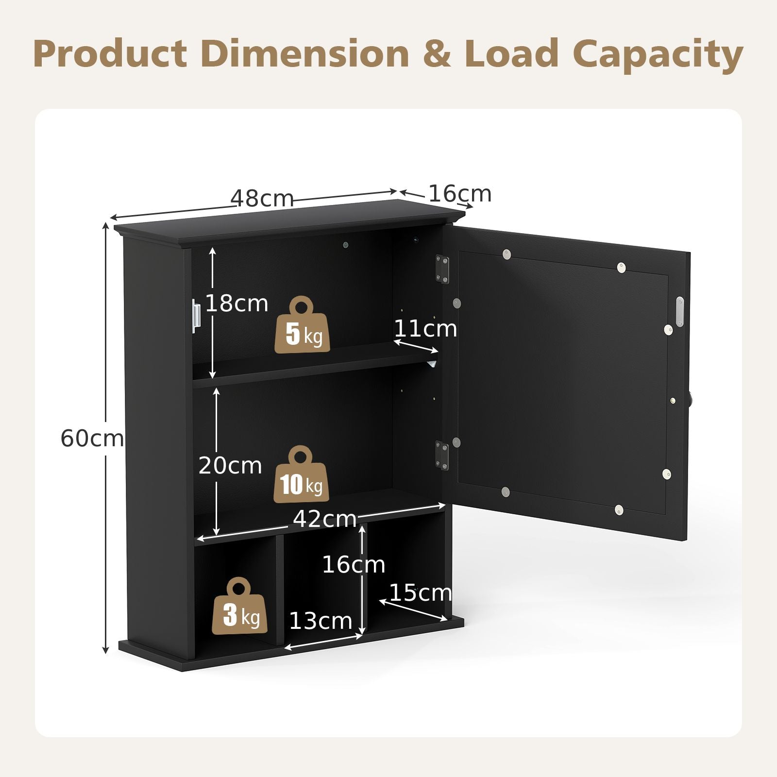 Mirror Door Bathroom Cabinet with Adjustable Shelf and 3 Compartments